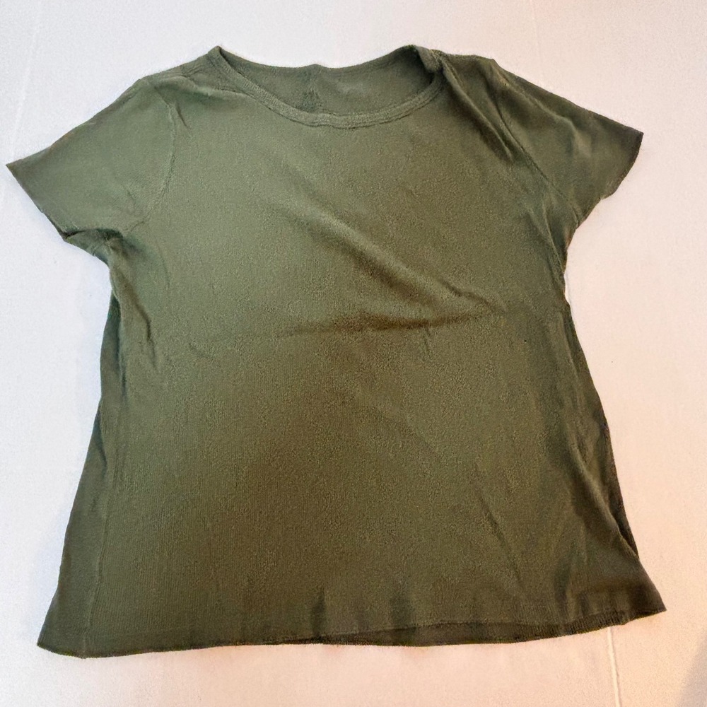 Womens Olive Green Ribbed Short Sleeve Crew Neck T-Shirt L 90s style Y2K classic